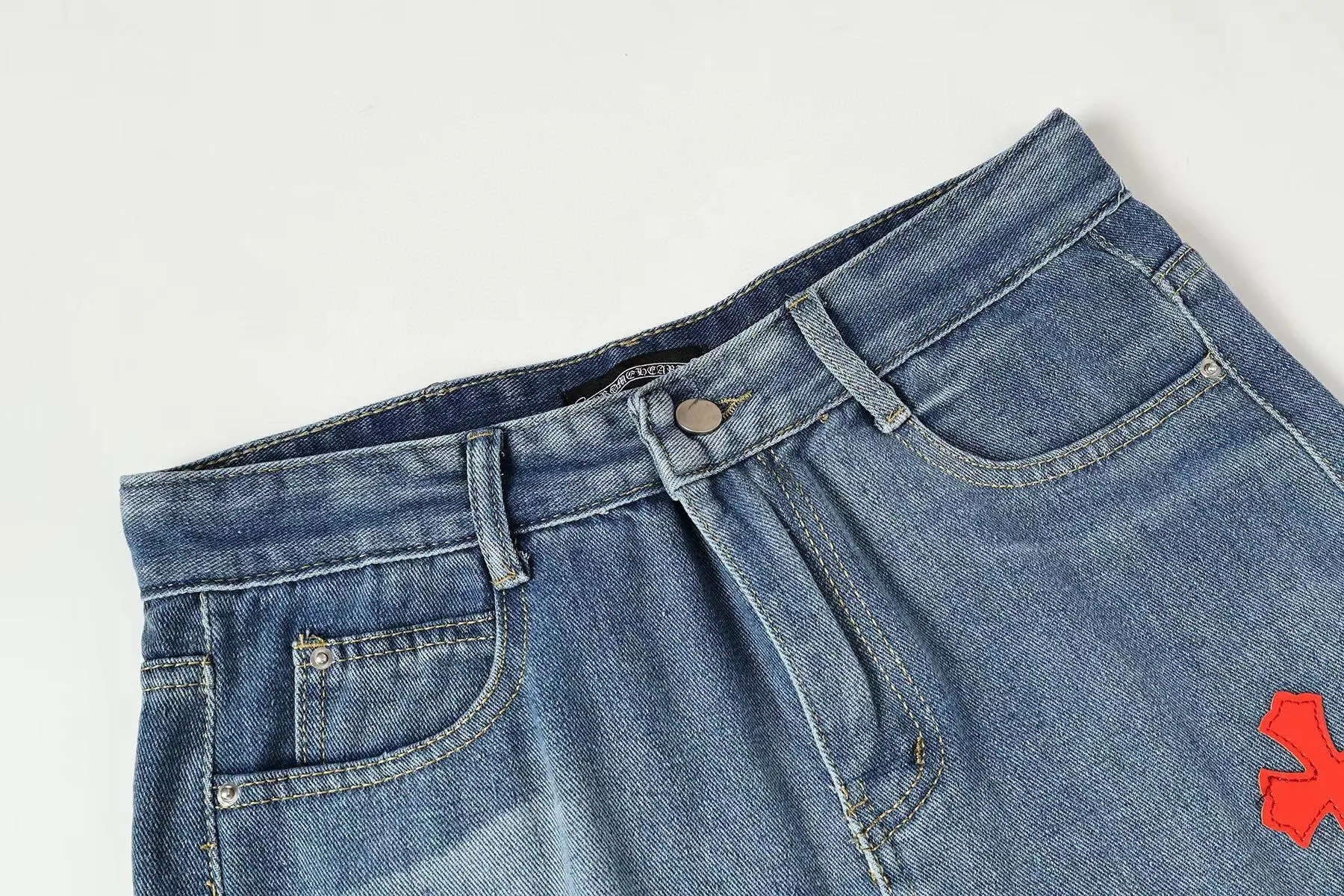 P270 Chrome Hearts/Chrome Hearts Classic Color Leather Cross Washed Color Fabric Unisex Denim Trousers Color: Picture Color Code Number: 28-36